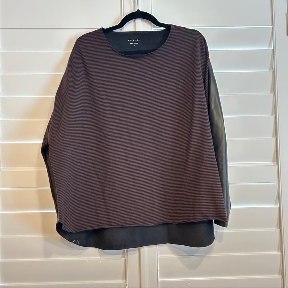 Mel & Lisa Striped Tunic Knit Top with Vegan Leather Back Brown Black Size XL